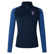 The EMB Canterbury Clover Middle Girls Women's Elite First Layer by Canterbury is a navy and blue long-sleeve half-zip, featuring the "Clovers Rugby" logo on the chest and a small logo on the shoulder, designed with moisture-wicking fabric for training comfort.