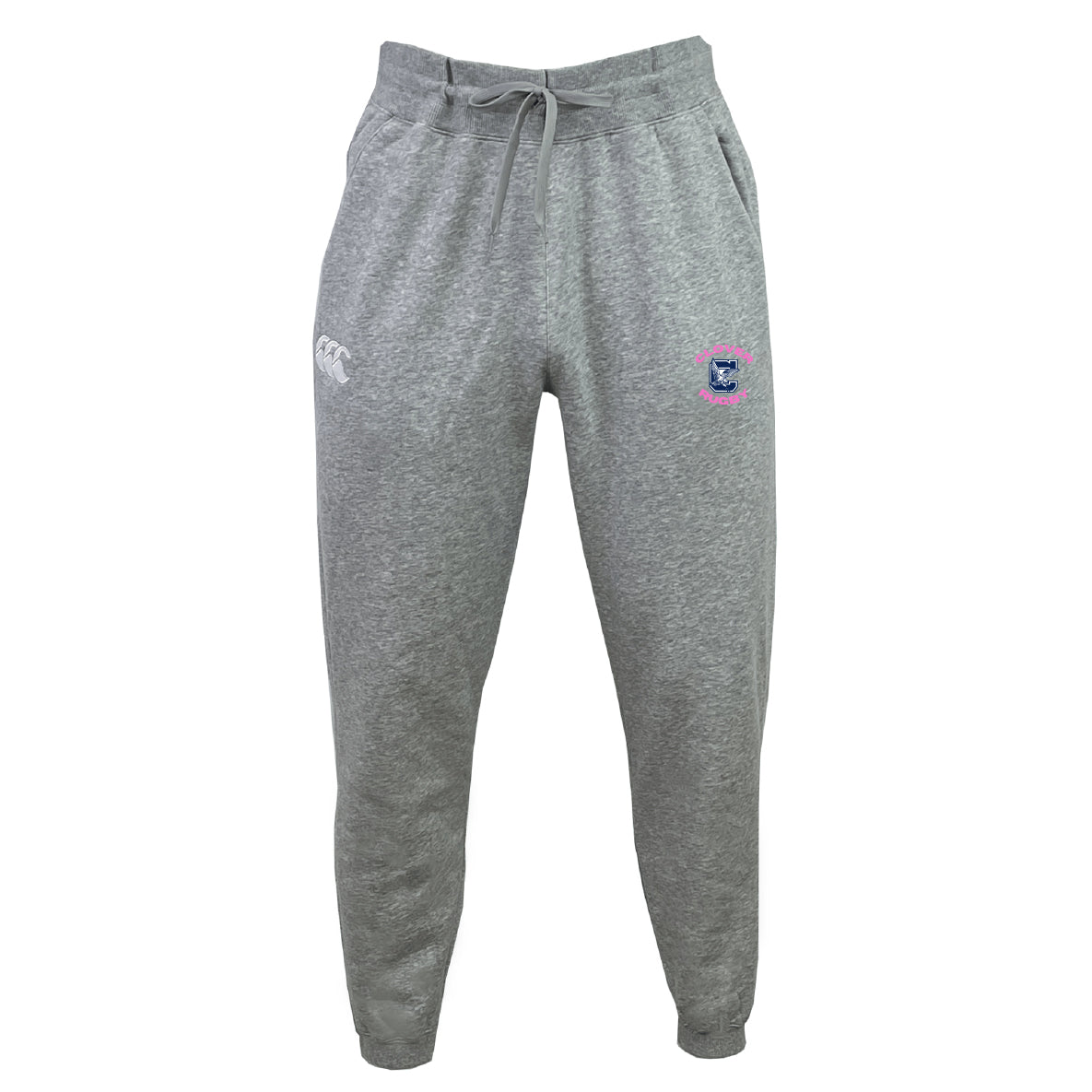 The Clover Middle Girls Leisure Sweatpant by EMB Canterbury features a drawstring waistband, white logo on the left thigh, and a colorful emblem on the right thigh, crafted for comfort and style. Displayed against a plain white background.