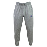 The Clover Middle Girls Leisure Sweatpant by EMB Canterbury features a drawstring waistband, white logo on the left thigh, and a colorful emblem on the right thigh, crafted for comfort and style. Displayed against a plain white background.