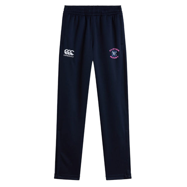 The Clover Middle Girls Stretch Tapered Pant by EMB Canterbury features a navy blue quick-dry fabric, elastic waistband, white Canterbury logo on the left, and Clovelly Rugby club emblem on the right—ideal for active girls.