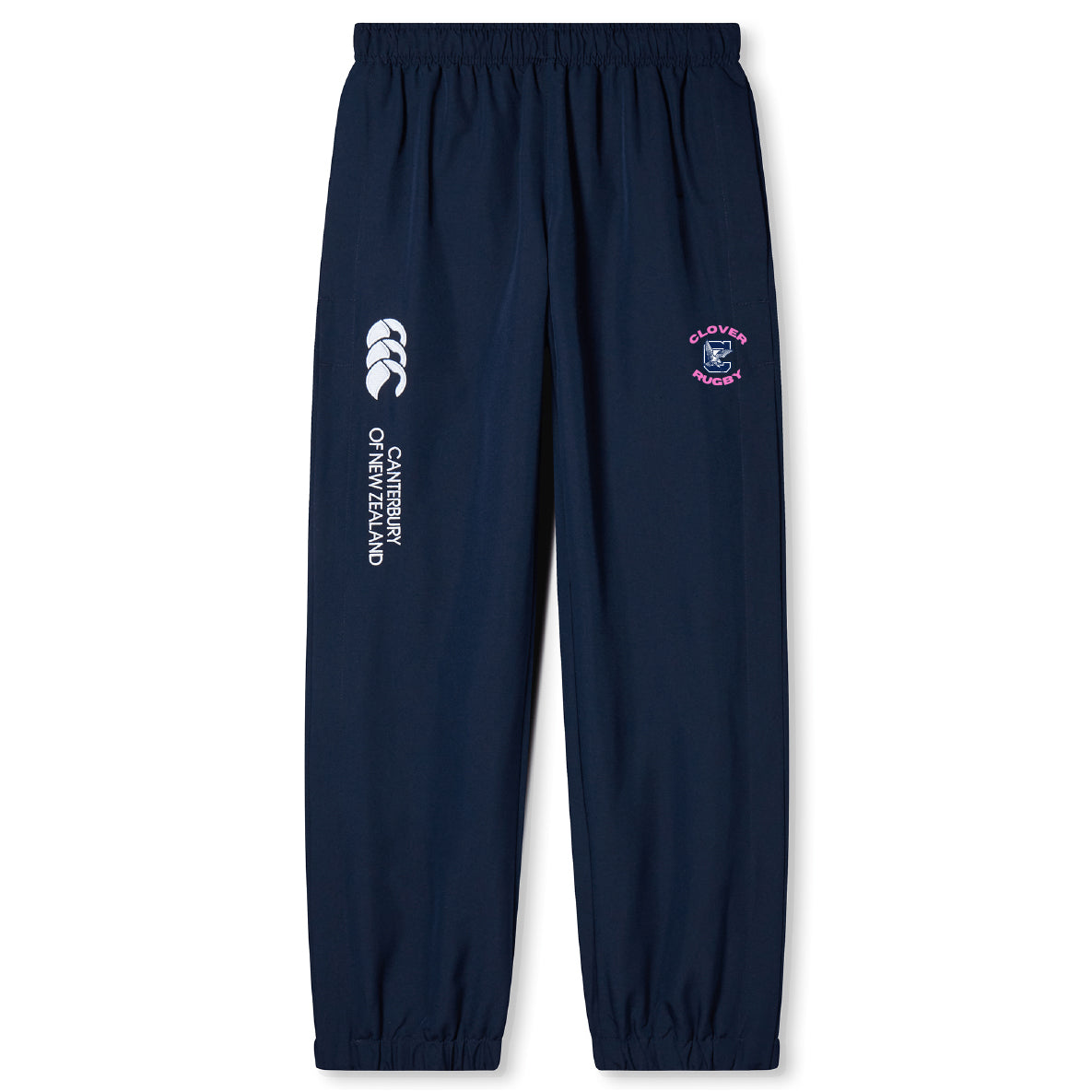 The Clover Middle Girls Cuffed Hem Stadium Pant by EMB Canterbury features an elasticated waist and ankles, cuffed hem, and displays the "Canterbury of New Zealand" logo along with the Clovis Rugby crest on the front.