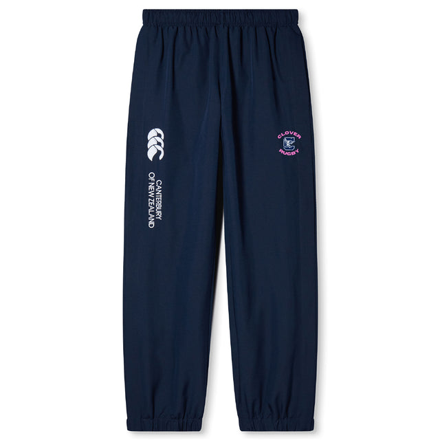 The Clover Middle Girls Cuffed Hem Stadium Pant by EMB Canterbury features an elasticated waist and ankles, cuffed hem, and displays the "Canterbury of New Zealand" logo along with the Clovis Rugby crest on the front.