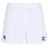 The Clover Middle Girls Professional Polyester Rugby Short by EMB Canterbury features an elastic waistband, the iconic EMB Canterbury logo on the left leg, and a "Clover Rugby" emblem on the right—perfect for professional play.