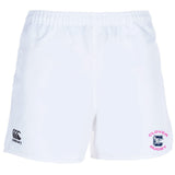 The Clover Middle Girls Professional Polyester Rugby Short by EMB Canterbury features an elastic waistband, the iconic EMB Canterbury logo on the left leg, and a "Clover Rugby" emblem on the right—perfect for professional play.