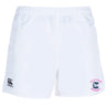 The Clover Middle Girls Professional Polyester Rugby Short by EMB Canterbury features an elastic waistband, the iconic EMB Canterbury logo on the left leg, and a "Clover Rugby" emblem on the right—perfect for professional play.