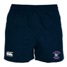 The Clover Middle Girls Professional Polyester Rugby Short by EMB Canterbury features a navy blue design with a white Canterbury logo on the left leg and a pink-blue Clover Rugby logo on the right for a professional look.