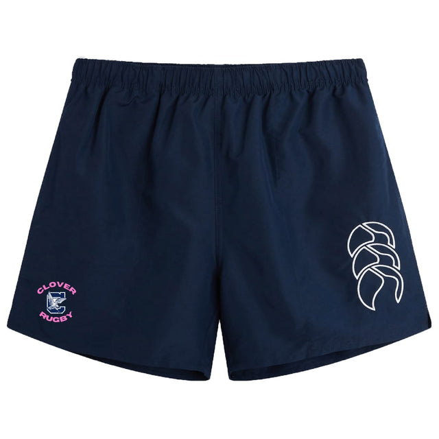 The Clover Middle Girls Tactic Short by EMB Canterbury features a navy blue design, elastic waistband, white geometric logo on the right leg, and pink "Clovers Rugby" graphic—ideal for girls' training or practice.