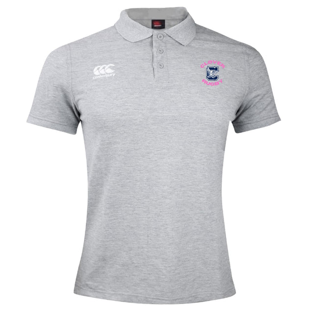 Light grey short-sleeve Clover Middle Girls Waimak Polo by EMB Canterbury, featuring a Canterbury logo on the right chest and a Clovelly Rugby crest on the left.