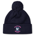Stay warm in the Clover Middle Girls Pom Pom Beanie by EMB Canterbury—a navy blue knit hat with a pom-pom, "CLOVER RUGBY," a large "C" and clover logo on the front, plus cozy fleece lining for extra comfort.