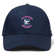 The Clover Middle Girls Flexfit Drill Cap by EMB Canterbury is a navy blue cap featuring pink "Clover Rugby" text and an embroidered eagle logo, inspired by classic Canterbury cap design.