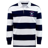 The EMB Mudoo Clover Middle Girls Classic Long Sleeve Hooped Rugby Jersey features navy blue and white horizontal stripes, a collar, and a "Clover Rugby" crest on the left chest for a classic throwback look.