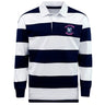 The EMB Mudoo Clover Middle Girls Classic Long Sleeve Hooped Rugby Jersey features navy blue and white horizontal stripes, a collar, and a "Clover Rugby" crest on the left chest for a classic throwback look.
