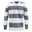 The EMB Mudoo Clover Middle Girls Classic Long Sleeve Hooped Rugby Jersey features wide grey and white stripes, a classic white collar, and a "Clover Rugby" chest crest for vintage style.