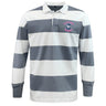 The EMB Mudoo Clover Middle Girls Classic Long Sleeve Hooped Rugby Jersey features wide grey and white stripes, a classic white collar, and a "Clover Rugby" chest crest for vintage style.