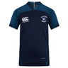 The Clover Middle School Vapodri Evader Jersey by EMB Canterbury is a navy rugby jersey with dark blue shoulder panels, white Canterbury and Clover Rugby logos on the chest, and "VAPODRI" text near the hem.