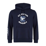 The Clover Middle School Club Hoodie by WRS Canterbury is a navy blue hoodie with “Clover Rugby,” an eagle and "C" graphic on the chest, and three white stripes on the left sleeve—perfect for rugby fans and players.
