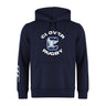 The Clover Middle School Club Hoodie by WRS Canterbury is a navy blue hoodie with “Clover Rugby,” an eagle and "C" graphic on the chest, and three white stripes on the left sleeve—perfect for rugby fans and players.