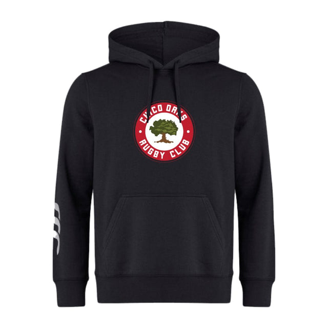 The Chico Oaks Club Hoodie by WRS Canterbury is made from soft sweatshirt fleece, features a front pocket, and is adorned with a tree logo and "Caldor's Rugby Club" text on the chest. Enhance your sporty style with authentic Canterbury branding on this black hoodie.