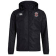 The Crescent City Rougaroux Club Vaposhield Stadium Jacket by EMB Canterbury is black, features a front zipper, water-repellent technology, the Canterbury logo on the right chest, and the Rougaroux embroidered badge on the left.