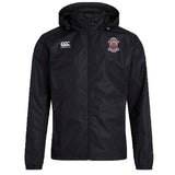 The Crescent City Rougaroux Club Vaposhield Stadium Jacket by EMB Canterbury is black, features a front zipper, water-repellent technology, the Canterbury logo on the right chest, and the Rougaroux embroidered badge on the left.