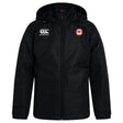 The Chico Oaks Club Vaposhield Stadium Jacket by EMB Canterbury is a black hooded jacket featuring padded insulation, a circular emblem on the left chest, and a Canterbury logo on the right chest.