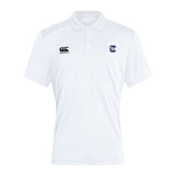 The Clover Middle School Club Dry Polo by EMB Canterbury features short sleeves, a collar, Vapodri Technology for breathability, the Canterbury logo on the right chest, and the club crest on the left chest.