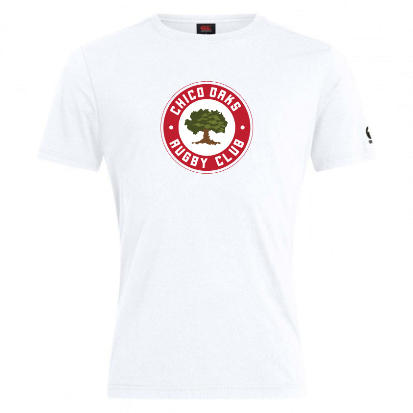 The Chico Oaks Club Plain Tee by Canterbury, from WRS Canterbury, is a classic white T-shirt made from premium cotton blend and features the "Chico Oaks Rugby Club" logo with a tree in a red circle, echoing the timeless style of the CCC Club Plain Tee.