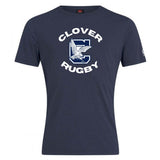 The Clover Middle School Club Plain Tee by WRS Canterbury is a navy blue cotton blend shirt featuring "CLOVER RUGBY" in white text and a bold "C" with an eagle—a customizable standout for rugby fans.