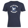 The Clover Middle School Club Plain Tee by WRS Canterbury is a navy blue cotton blend shirt featuring "CLOVER RUGBY" in white text and a bold "C" with an eagle—a customizable standout for rugby fans.