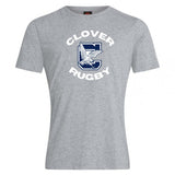 The Clover Middle School Club Plain Tee by WRS Canterbury is a gray cotton blend shirt with "CLOVER RUGBY" and a large C with an eagle—ideal as a customizable t-shirt for team spirit or casual wear.
