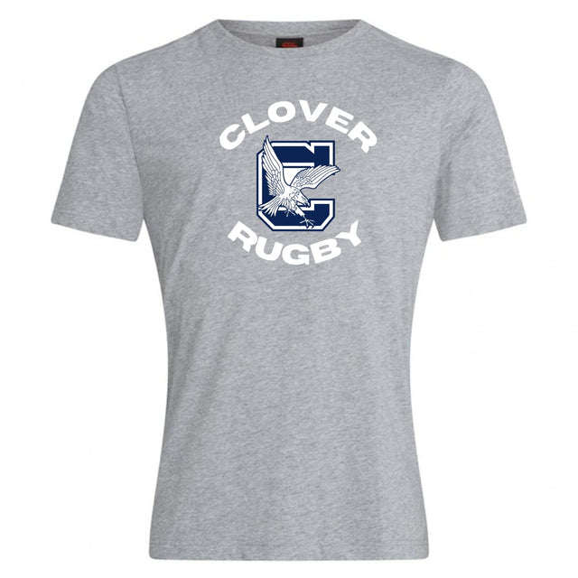 The Clover Middle School Club Plain Tee by WRS Canterbury is a gray cotton blend shirt with "CLOVER RUGBY" and a large C with an eagle—ideal as a customizable t-shirt for team spirit or casual wear.