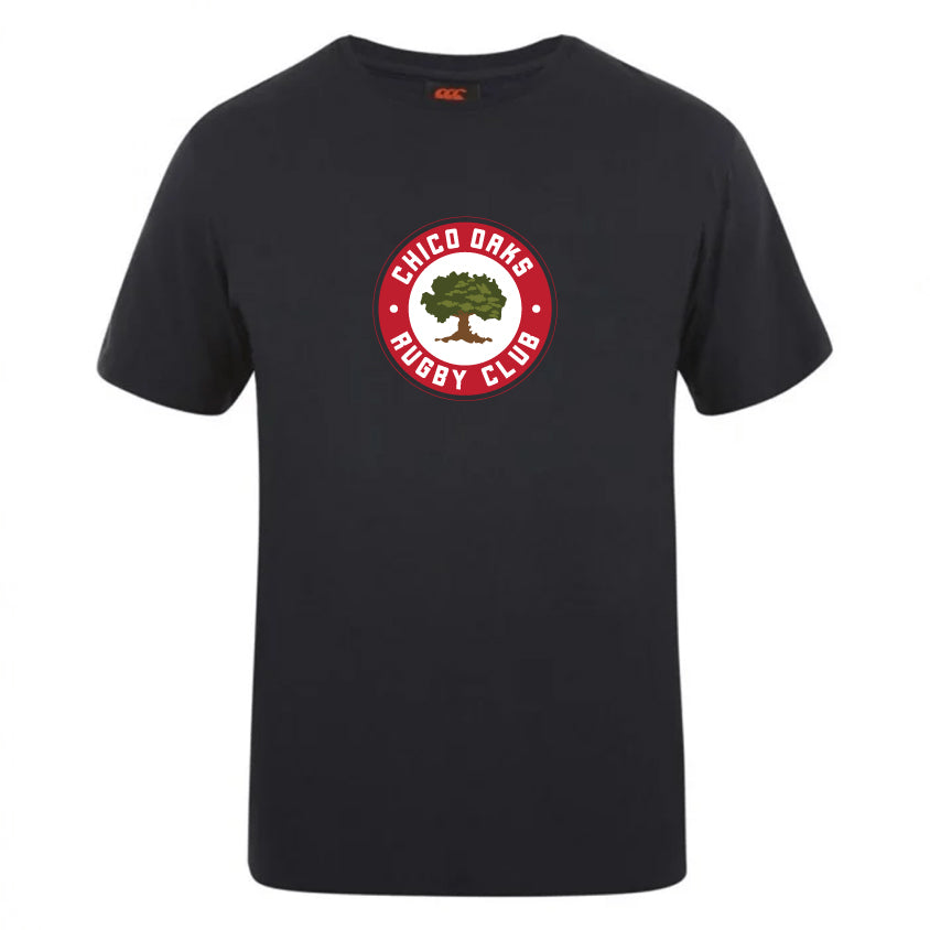 The Chico Oaks Club Plain Tee by WRS Canterbury is a black, cotton-heavy blend T-shirt featuring a "Chico Oaks Rugby Club" logo with a tree in a red circle on the front, perfect for customization.