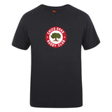 The Chico Oaks Club Plain Tee by WRS Canterbury is a black, cotton-heavy blend T-shirt featuring a "Chico Oaks Rugby Club" logo with a tree in a red circle on the front, perfect for customization.