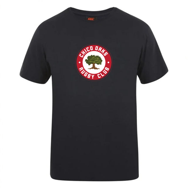 The Chico Oaks Club Plain Tee by WRS Canterbury is a black, cotton-heavy blend T-shirt featuring a "Chico Oaks Rugby Club" logo with a tree in a red circle on the front, perfect for customization.
