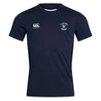 The Clover Middle School Club Dry Tee by Canterbury is a navy short-sleeve top featuring Vapodri Technology for breathability, a white EMB Canterbury logo on the right chest, and the "Clover Rugby" crest on the left.