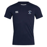 The Clover Middle School Club Dry Tee by Canterbury is a navy short-sleeve top featuring Vapodri Technology for breathability, a white EMB Canterbury logo on the right chest, and the "Clover Rugby" crest on the left.