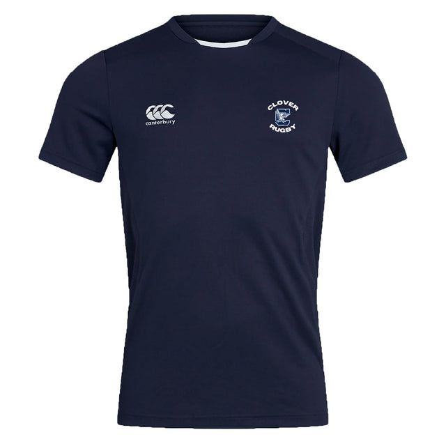 The Clover Middle School Club Dry Tee by Canterbury is a navy short-sleeve top featuring Vapodri Technology for breathability, a white EMB Canterbury logo on the right chest, and the "Clover Rugby" crest on the left.