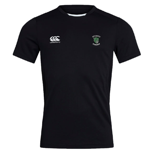 The Columbus Kodiaks Full Color Logo Club Dry Tee by EMB Canterbury is a black short-sleeve athletic shirt with the Canterbury logo, a green and white crest, and Vapodri Technology for comfort during workouts.