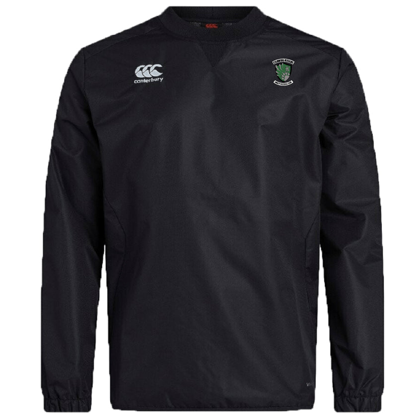 The Columbus Kodiaks Full Color Logo Club Vaposhield Contact Top by EMB Canterbury is a black long-sleeve athletic pullover with Micro Diamond ripstop, the Canterbury logo on the right chest, and a Kodiaks crest on the left.