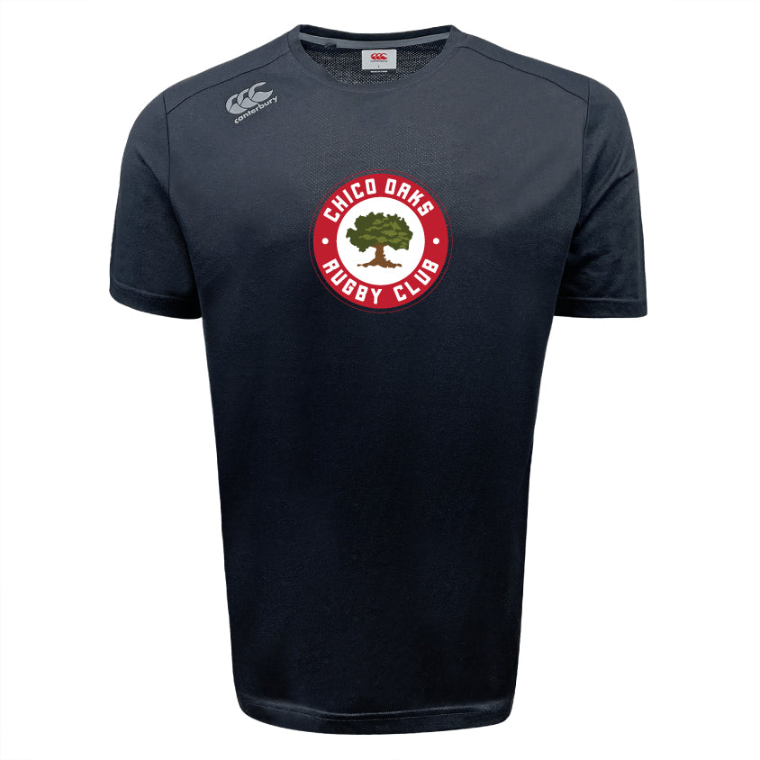 The Chico Oaks Tempo Vapodri T-Shirt by WRS Canterbury features the "Chico Oaks Rugby Club" logo with a tree in a red circle and utilizes VapoDri technology for comfort and dryness.