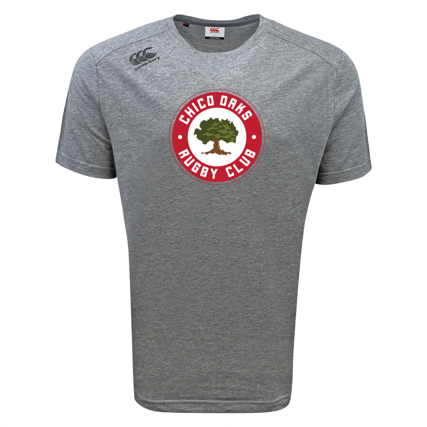 The Chico Oaks Tempo Vapodri T-Shirt by WRS Canterbury is a gray sports tee featuring the "Chico Oaks Rugby Club" logo with a tree in a red circle on the chest, enhanced with moisture-wicking VapoDri technology for superior comfort and performance.