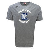The Clover Middle School Tempo Vapodri T-Shirt by WRS Canterbury is a gray short-sleeve athletic shirt with "Clover Rugby" text and a large "C" with an eagle graphic on the front.