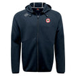 The Chico Oaks Tempo Vapodri Full-Zip Hoodie by EMB Canterbury is a black zip-up jacket with Canterbury logos on the chest and shoulder, designed with moisture-wicking technology for comfort.