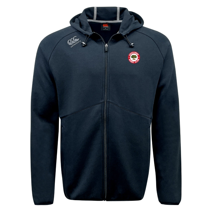 The Chico Oaks Tempo Vapodri Full-Zip Hoodie by EMB Canterbury is a black zip-up jacket with Canterbury logos on the chest and shoulder, designed with moisture-wicking technology for comfort.