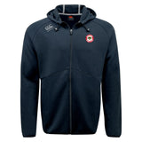 The Chico Oaks Tempo Vapodri Full-Zip Hoodie by EMB Canterbury is a black zip-up jacket with Canterbury logos on the chest and shoulder, designed with moisture-wicking technology for comfort.