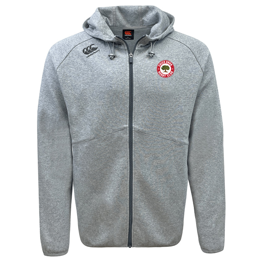 The Chico Oaks Tempo Vapodri Full-Zip Hoodie by EMB Canterbury is a stylish gray zip-up with black drawstrings, featuring the Canterbury logo on the left chest and a small emblem on the right shoulder, offering moisture-wicking comfort.