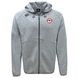 The Chico Oaks Tempo Vapodri Full-Zip Hoodie by EMB Canterbury is a stylish gray zip-up with black drawstrings, featuring the Canterbury logo on the left chest and a small emblem on the right shoulder, offering moisture-wicking comfort.