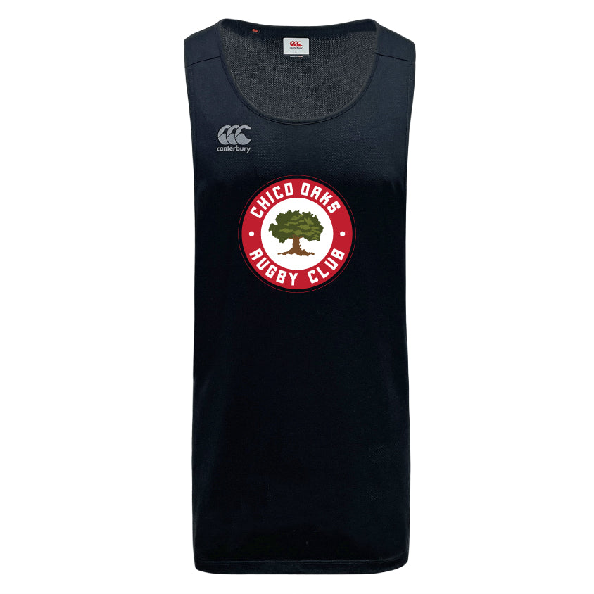 The Chico Oaks Tempo Vapodri Singlet by WRS Canterbury is a black sleeveless jersey featuring the "Chico Oaks Rugby Club" logo with a tree. Made from recycled polyester, it incorporates VapoDri technology for optimal performance and comfort.