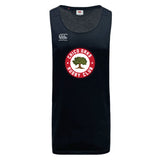 The Chico Oaks Tempo Vapodri Singlet by WRS Canterbury is a black sleeveless jersey featuring the "Chico Oaks Rugby Club" logo with a tree. Made from recycled polyester, it incorporates VapoDri technology for optimal performance and comfort.