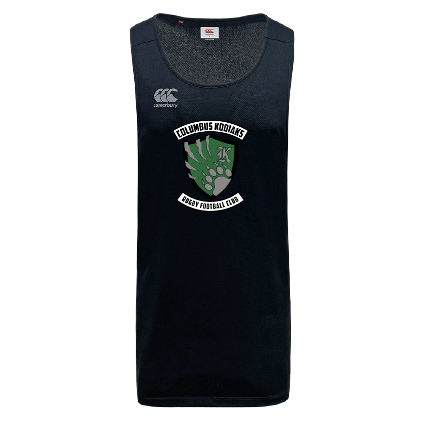 The Columbus Kodiaks Full Color Logo Tempo Vapodri Singlet by WRS Canterbury is a black, recycled polyester athletic shirt featuring the club’s green bear paw logo and text on the chest.